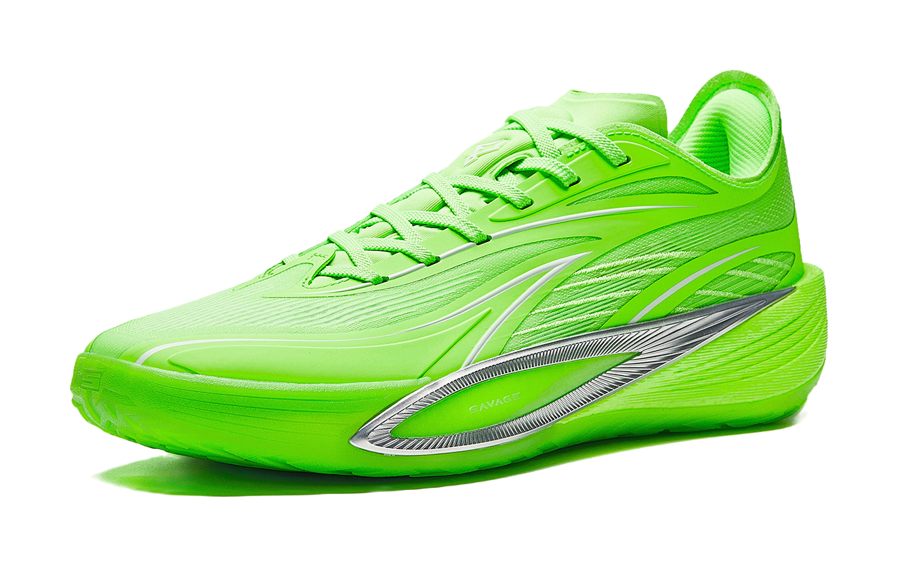 Fluorescent green low-top basketball shoes, side view with gray stripe and lace-up