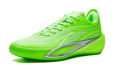 Fluorescent green low-top basketball shoes, side view with gray stripe and lace-up