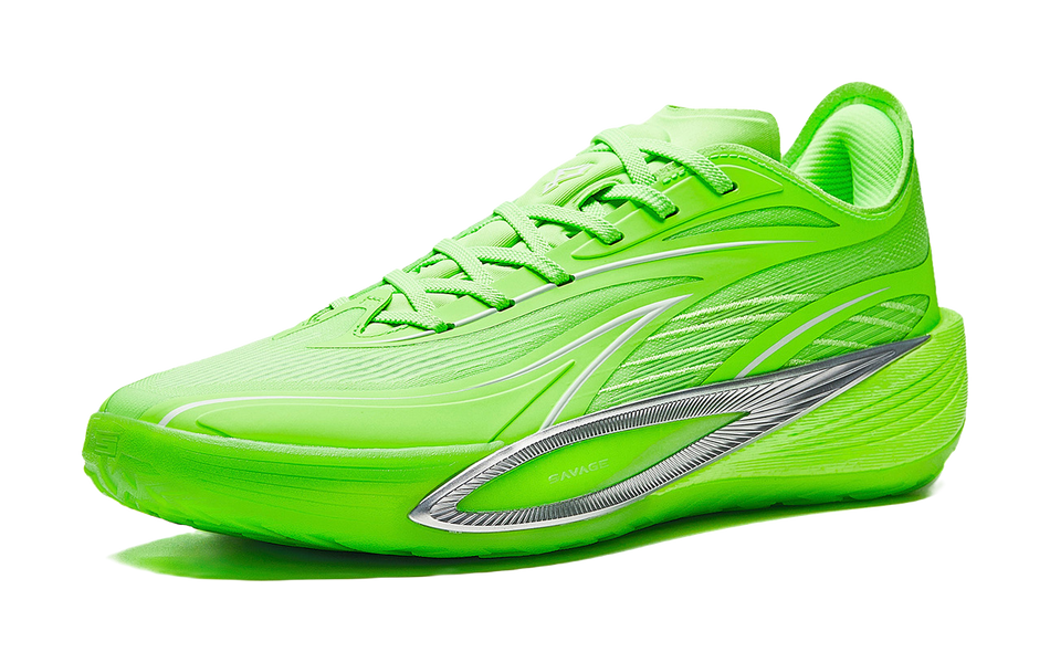Fluorescent green low-top basketball shoes, side view with gray stripe and lace-up