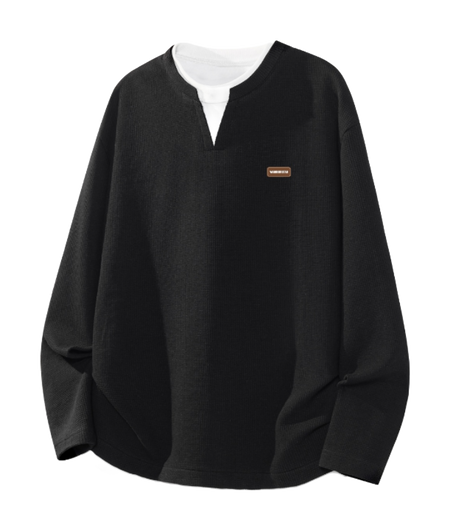 Warrior Warrior Double V-neck Spring/Autumn Velvet Hoodie Bottom Top Loose Casual Versatile Fashion Trendy Brand Simple Basic Long Sleeve T-shirt Unisex  vjsneaker.com