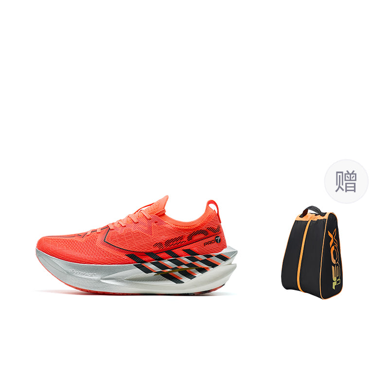 Marathon racing shoe with orange upper and black stripe, plus included black and orange bag