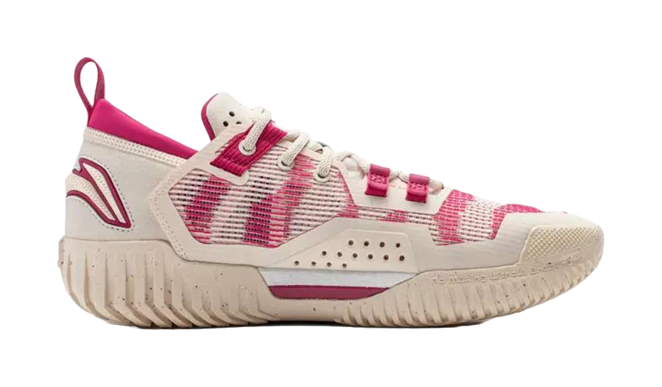Low-top basketball shoe side view with cream knit upper and hot-pink collar and laces.