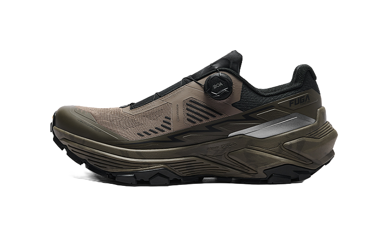 Taupe and gray trail running shoes with BOA dial and aggressive tread