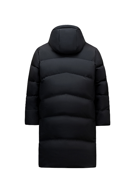 Men's black long puffer down jacket, back view with hood