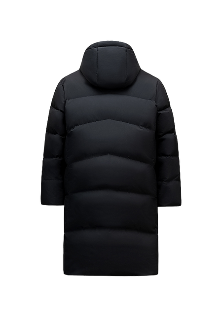 Men's black long puffer down jacket, back view with hood