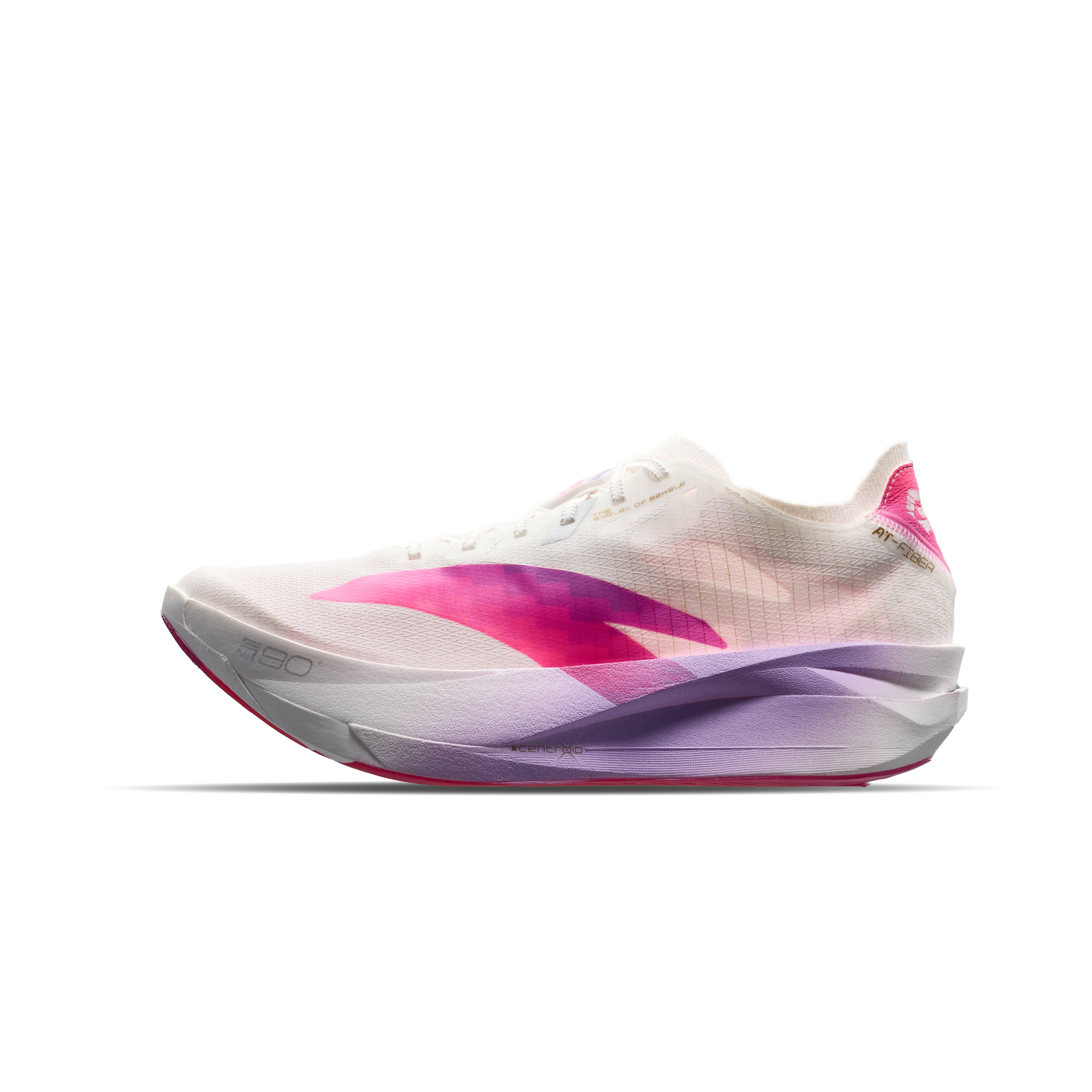 Women’s marathon racing shoe with white knit upper and pink-purple side stripe