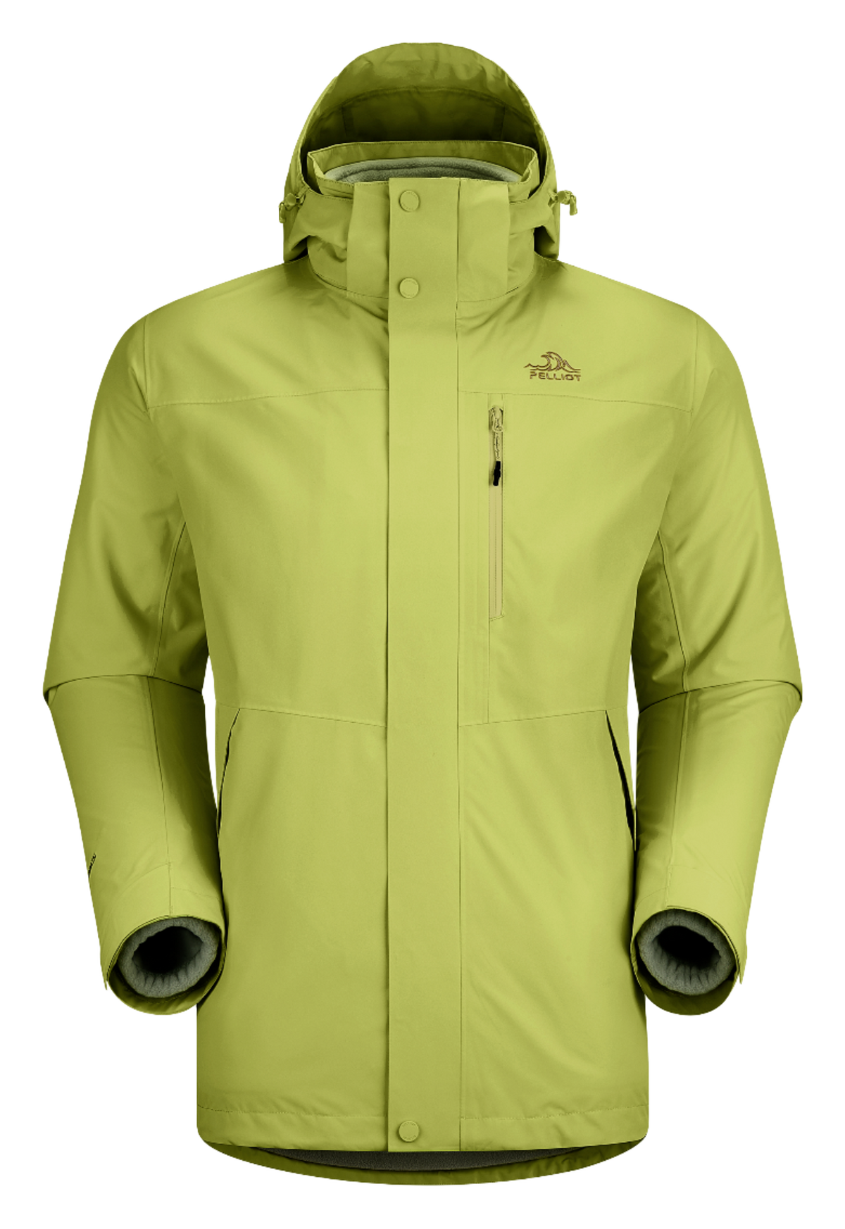 Men's neon green 3-in-1 windbreaker jacket with hood, full zip, chest pocket