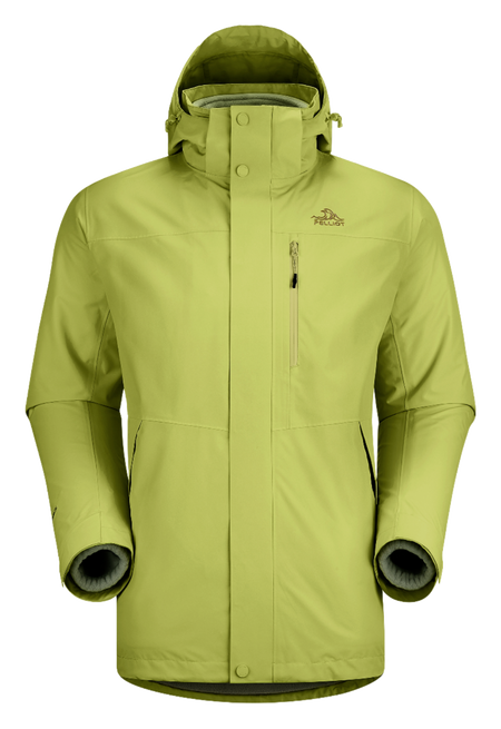 Men's neon green 3-in-1 windbreaker jacket with hood, full zip, chest pocket
