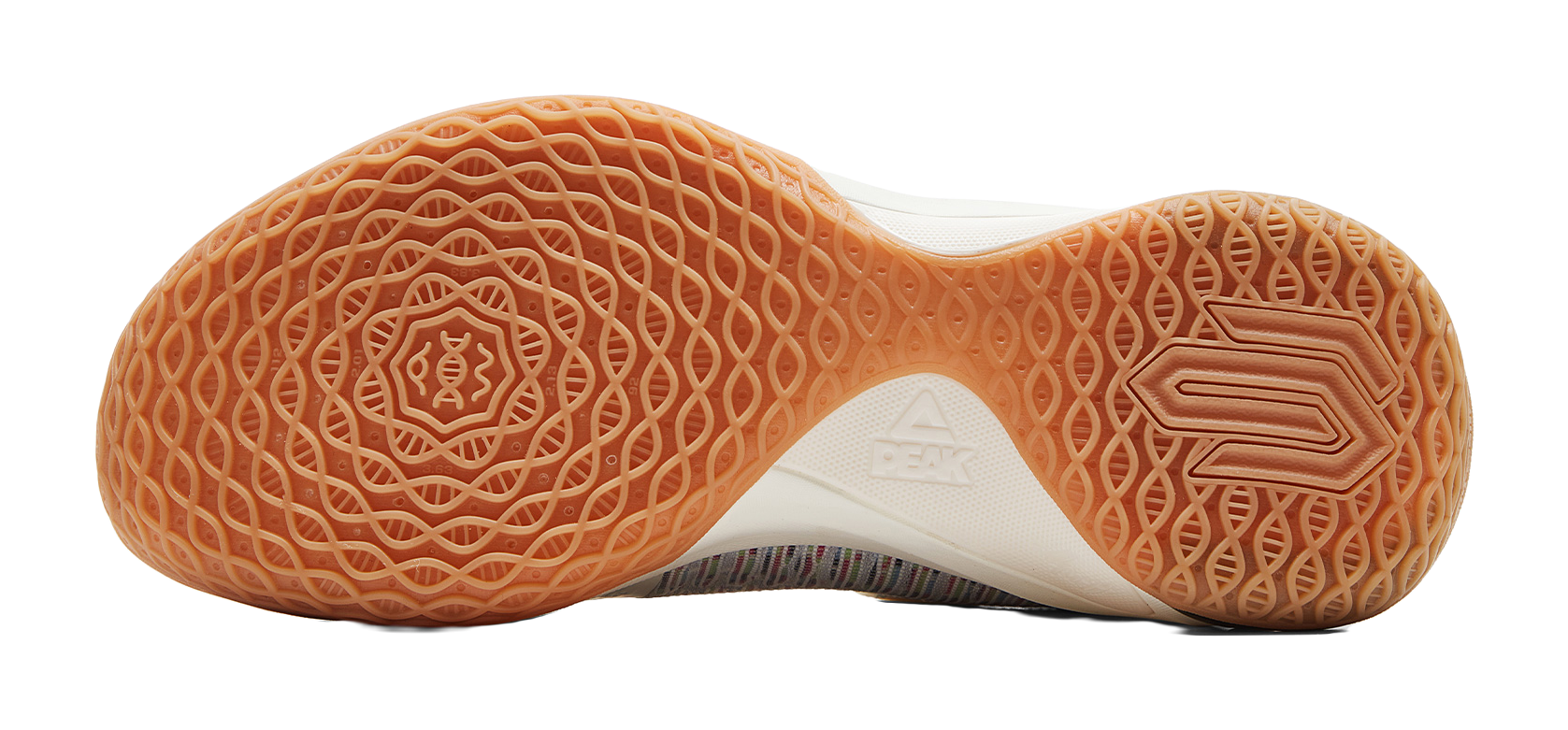 Gum rubber outsole with waffle traction pattern and basketball-shoe logo marks
