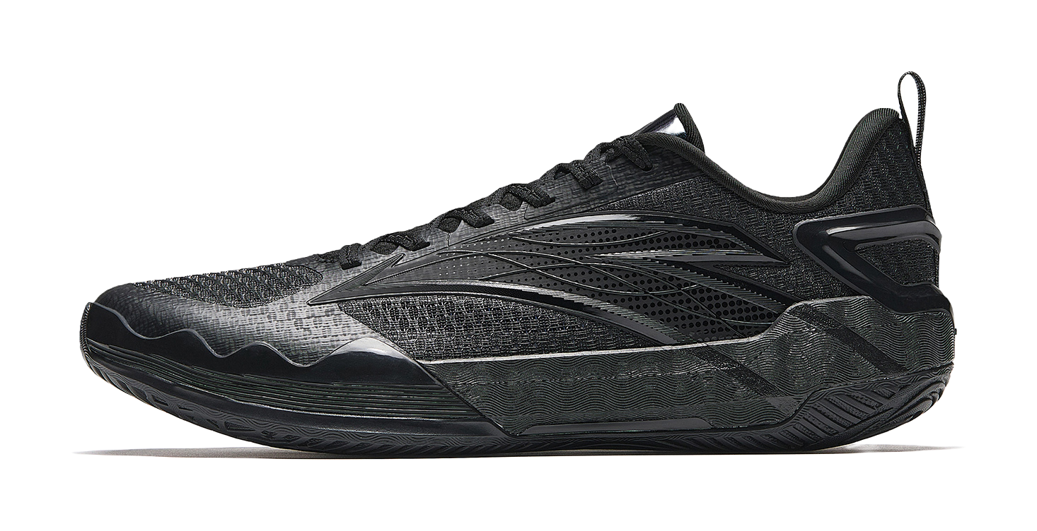 Low-top basketball sneakers with black mesh upper and lace-up design, textured toe