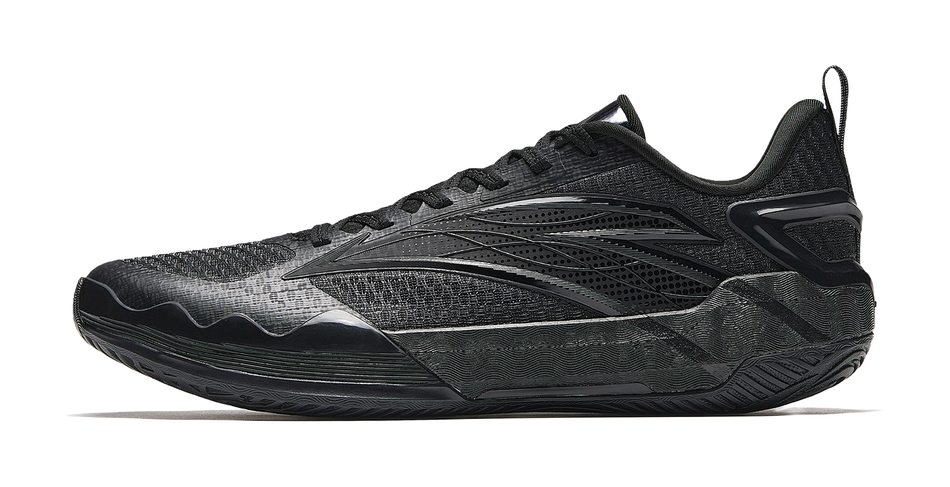 Low-top basketball sneakers with black mesh upper and lace-up design, textured toe