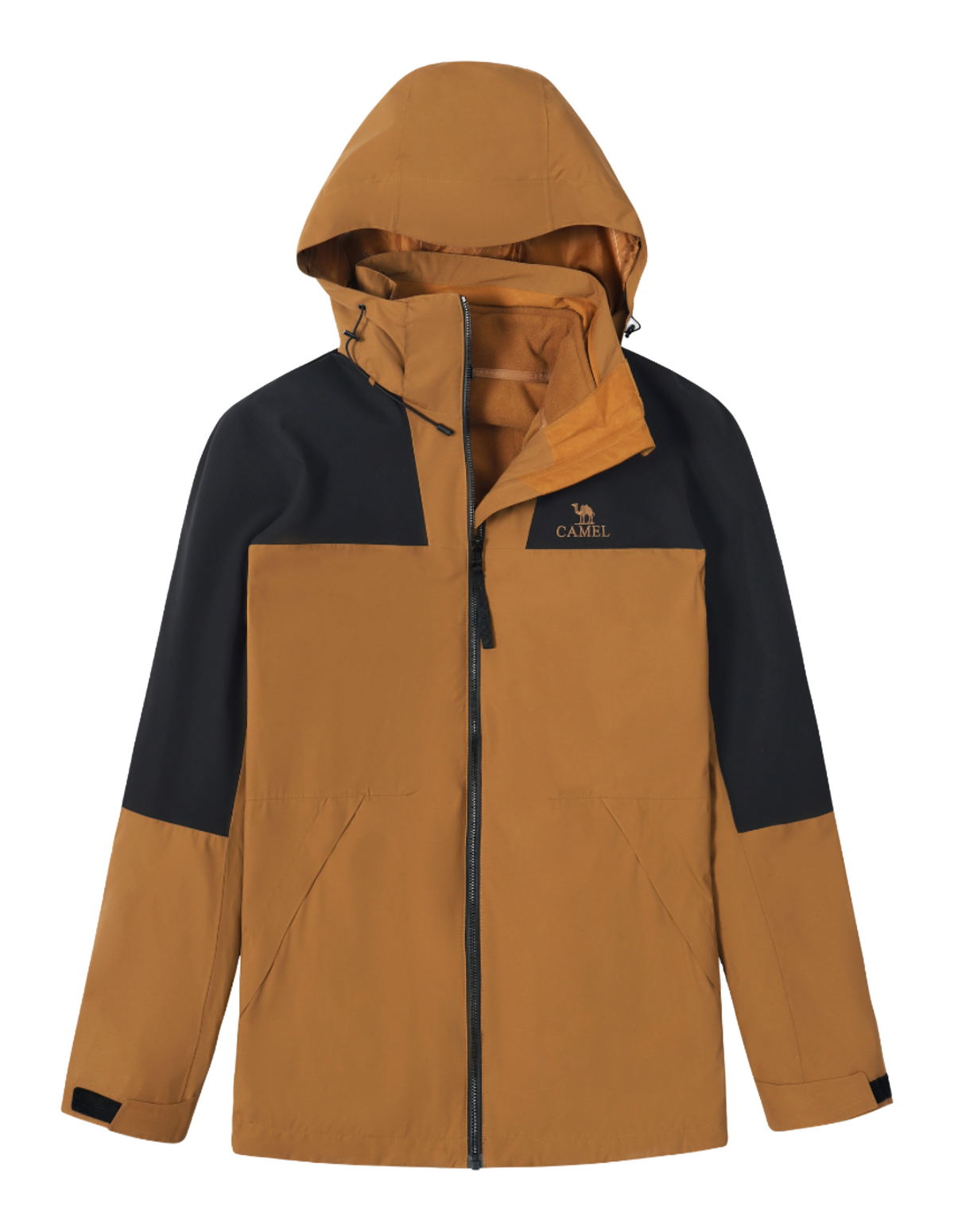 Colorblock windbreaker jacket with hood, full zip, tan and black panels, CAMEL logo.