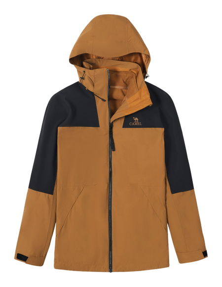 Colorblock windbreaker jacket with hood, full zip, tan and black panels, CAMEL logo.