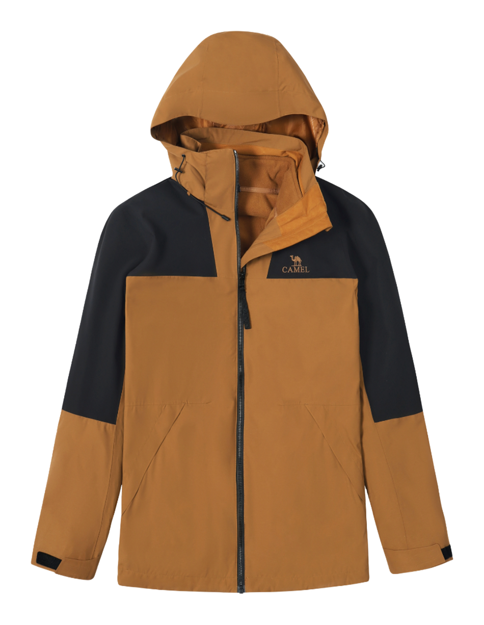 Colorblock windbreaker jacket with hood, full zip, tan and black panels, CAMEL logo.