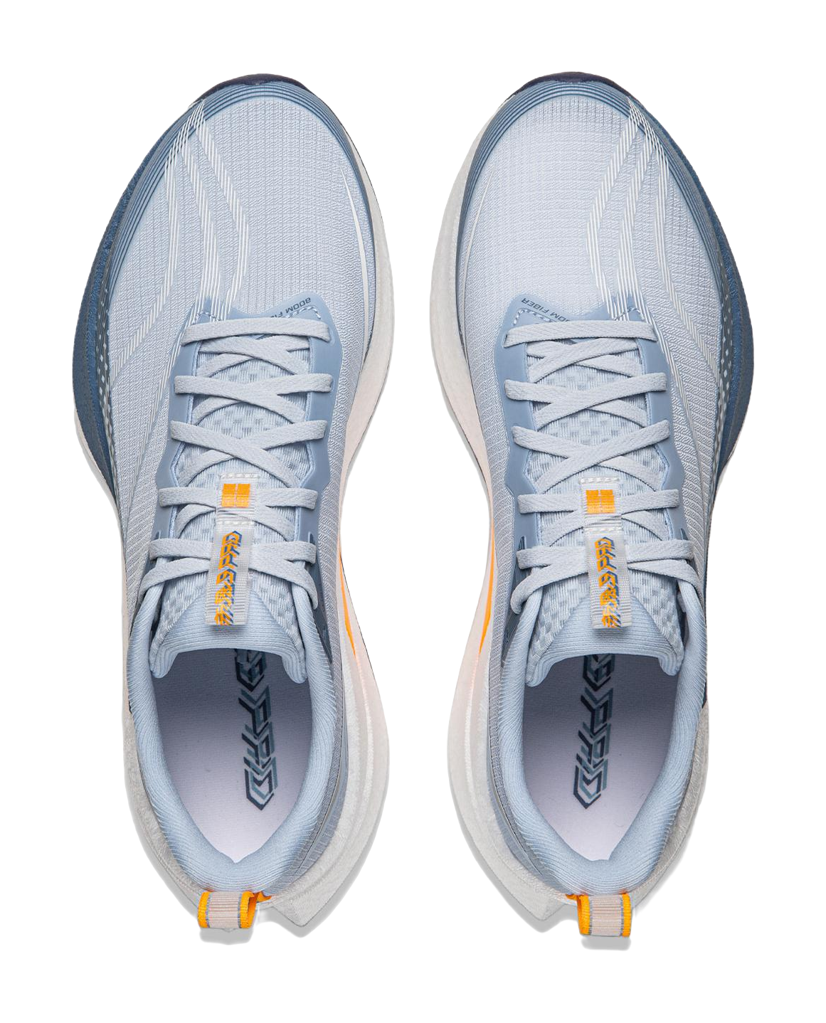 Pair of light blue running shoes with white laces and orange pull tab