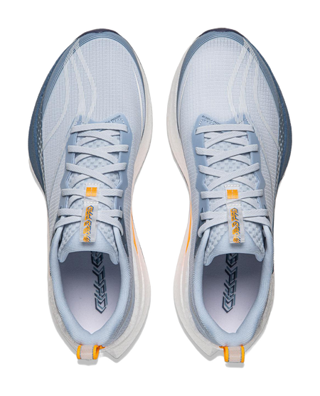 Pair of light blue running shoes with white laces and orange pull tab