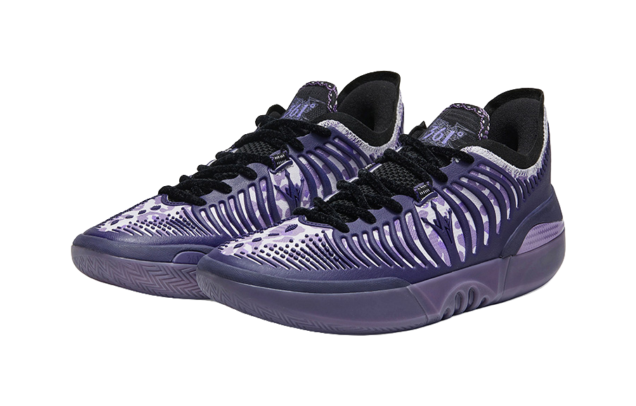 Pair of purple low basketball shoes with black laces and ribbed side stripes