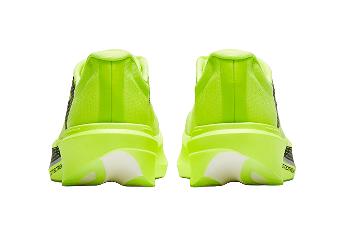 Neon yellow back view of low-top running shoes with heel tabs and cushioned sole
