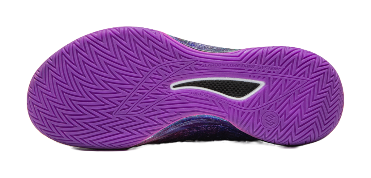 Basketball shoe outsole with purple tread pattern and heel support
