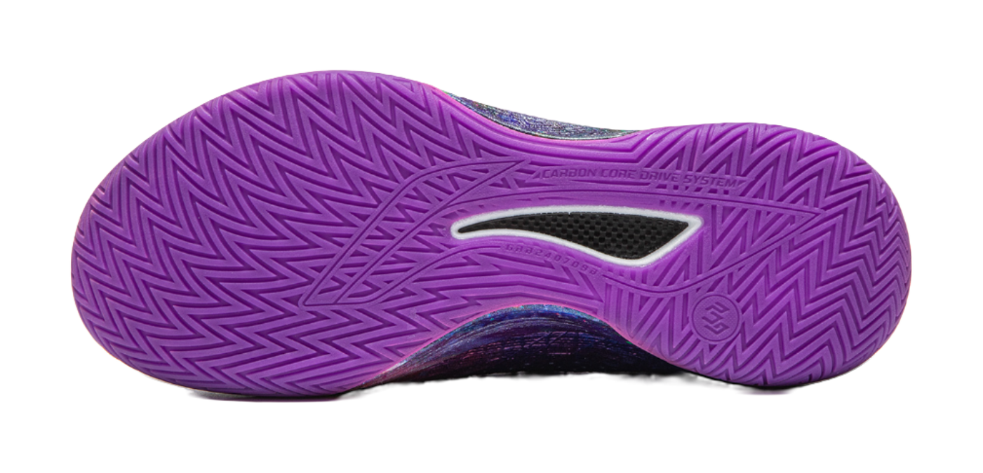 Basketball shoe outsole with purple tread pattern and heel support