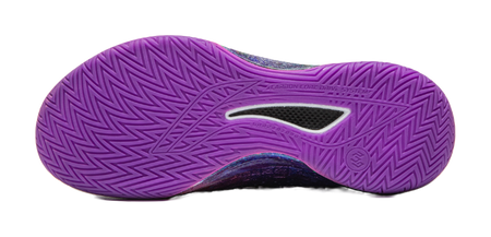 Basketball shoe outsole with purple tread pattern and heel support