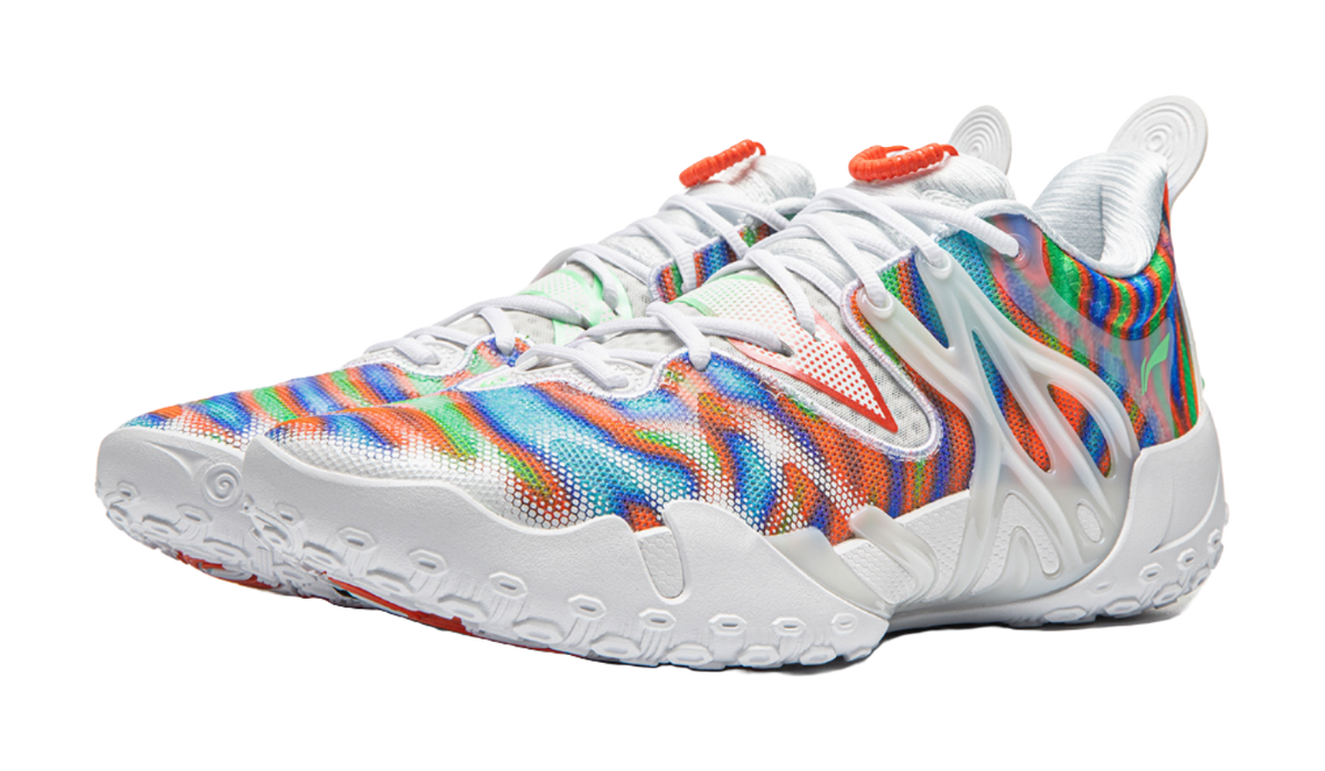 Li-Ning unisex basketball shoe, side view with rainbow upper and white molded midsole