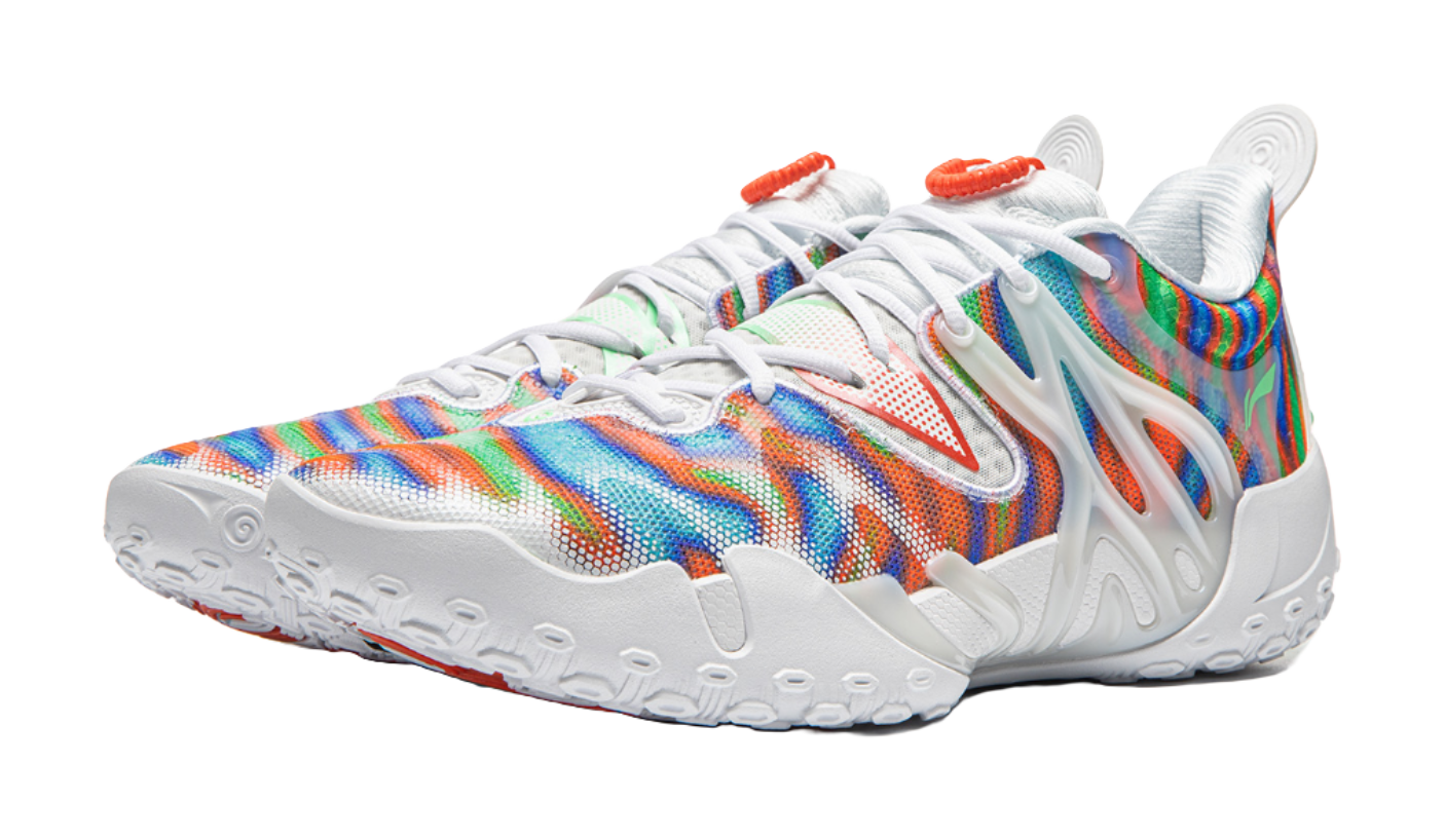 Li-Ning unisex basketball shoe, side view with rainbow upper and white molded midsole