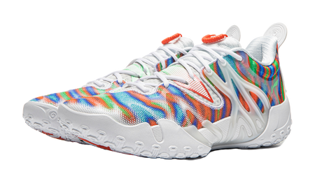 Li-Ning unisex basketball shoe, side view with rainbow upper and white molded midsole