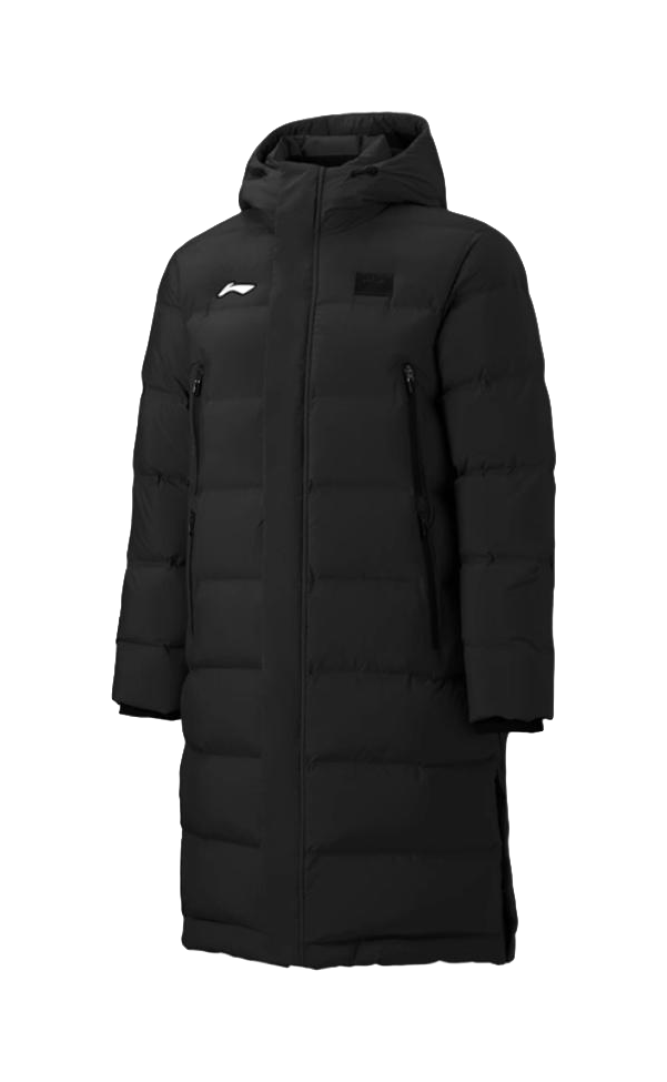 Black hooded long puffer down jacket with front zipper and side zip pockets