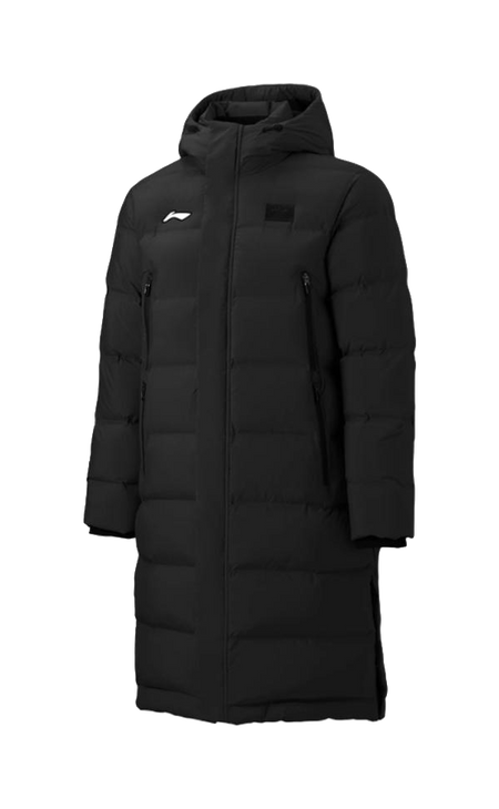Black hooded long puffer down jacket with front zipper and side zip pockets