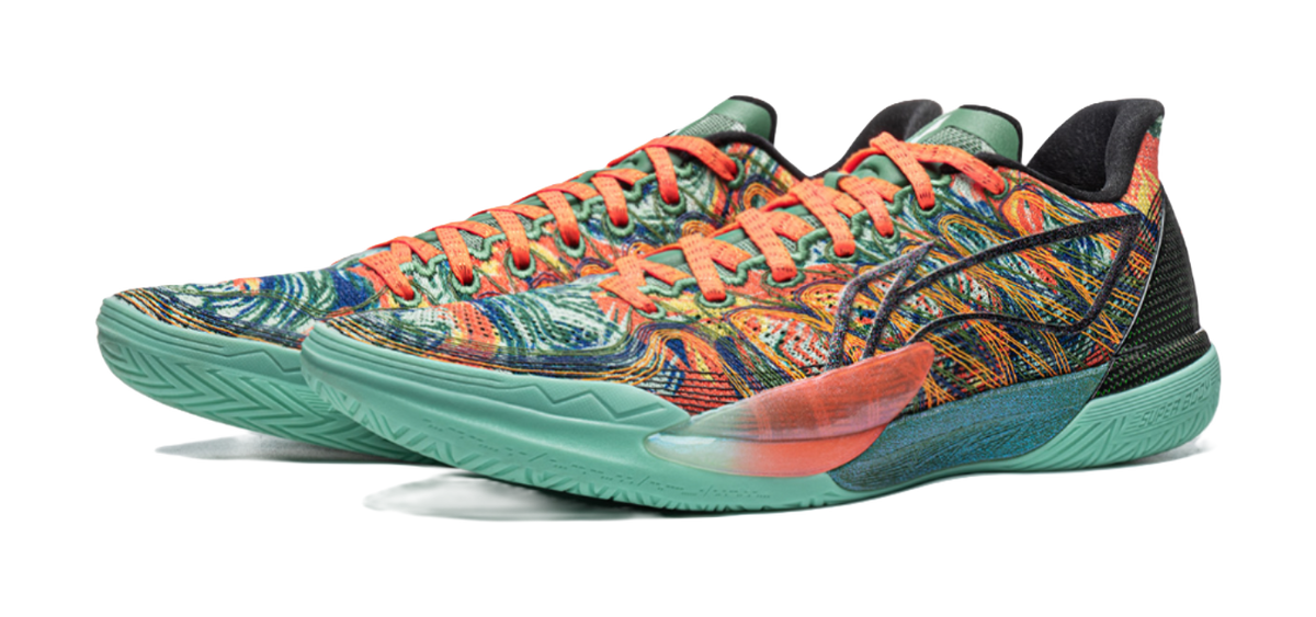 Men's low-top basketball shoes, multicolor textile upper, teal midsole, lace-up.