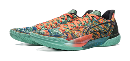 Men's low-top basketball shoes, multicolor textile upper, teal midsole, lace-up.