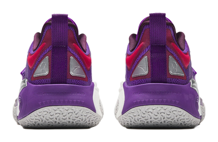 Purple basketball shoes with red heel panels, gray sole tread, and back pull tabs.