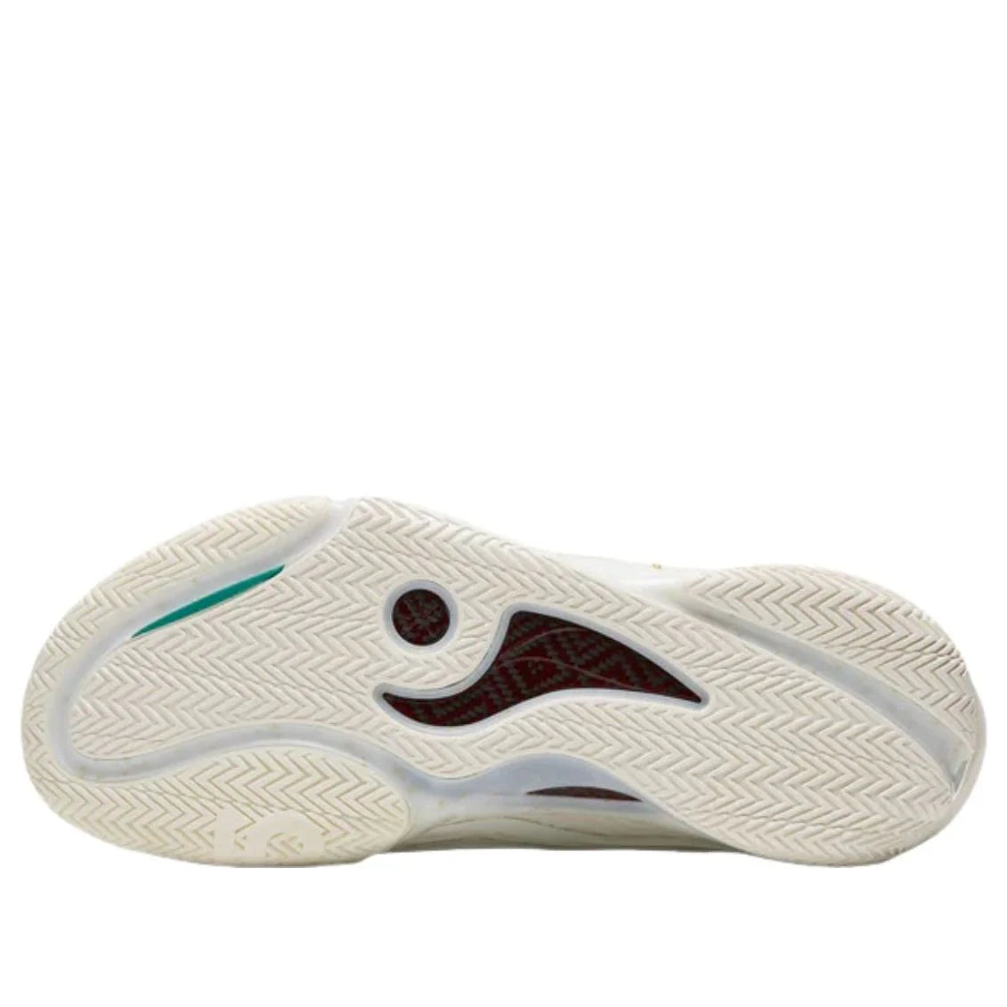 Basketball shoe outsole view with textured traction pattern on white rubber