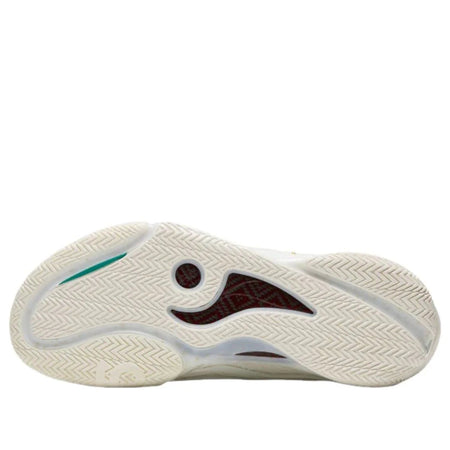 Basketball shoe outsole view with textured traction pattern on white rubber