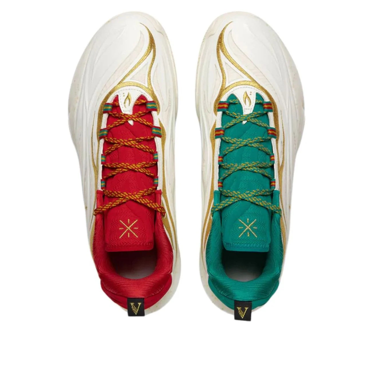 Basketball shoes pair view showing red and green insoles with gold logos and laces