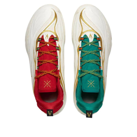 Basketball shoes pair view showing red and green insoles with gold logos and laces