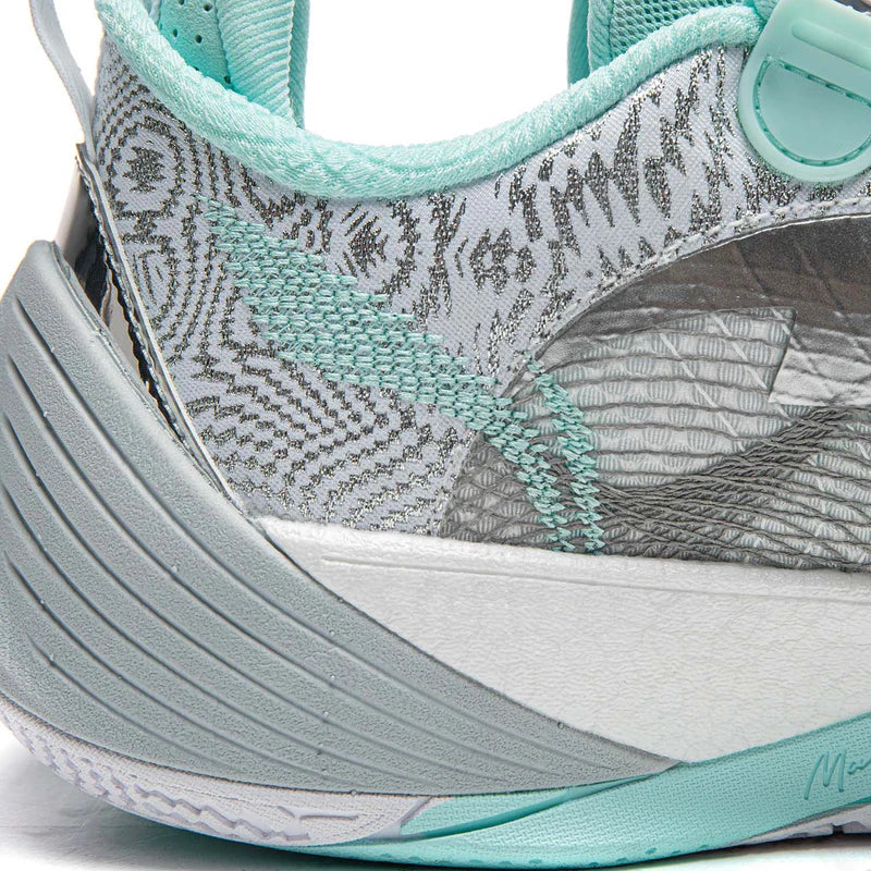 Gray and light blue-gray basketball shoe with teal laces, mesh knit upper, strap