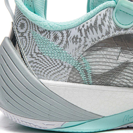 Gray and light blue-gray basketball shoe with teal laces, mesh knit upper, strap