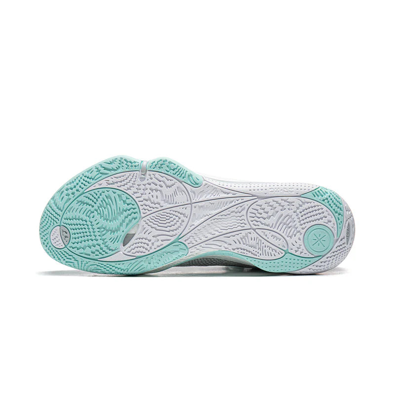 Shoe outsole view with teal traction pattern and gray center grooves, low-top sneaker.