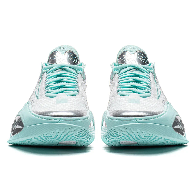 Heel view of unisex basketball shoe in white and mint with blue-gray outsole trim.