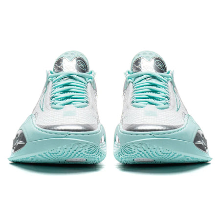 Heel view of unisex basketball shoe in white and mint with blue-gray outsole trim.