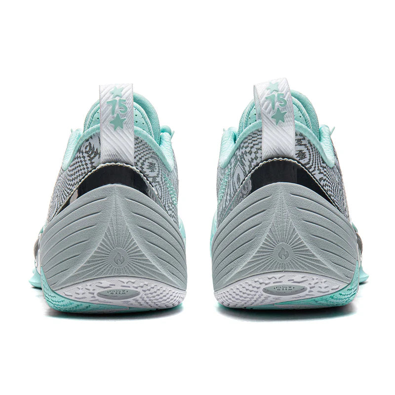 Back view of low-top basketball shoe with gray heel panels and mint collar details.