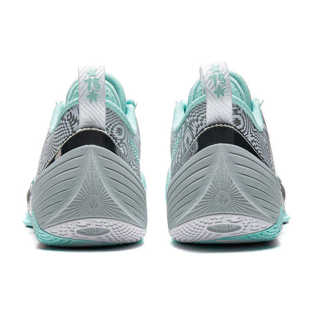 Back view of low-top basketball shoe with gray heel panels and mint collar details.