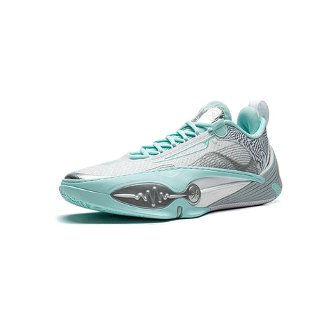Low-top basketball sneaker with blue-gray textured panels and mint-green trim, lace-up.