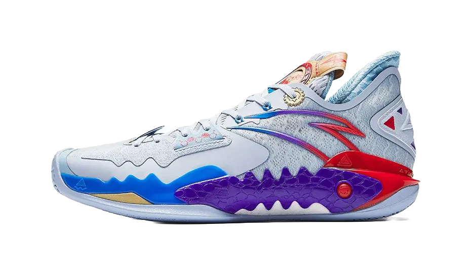 Blue and white basketball shoes with purple midsole and red heel accents, lace-up.