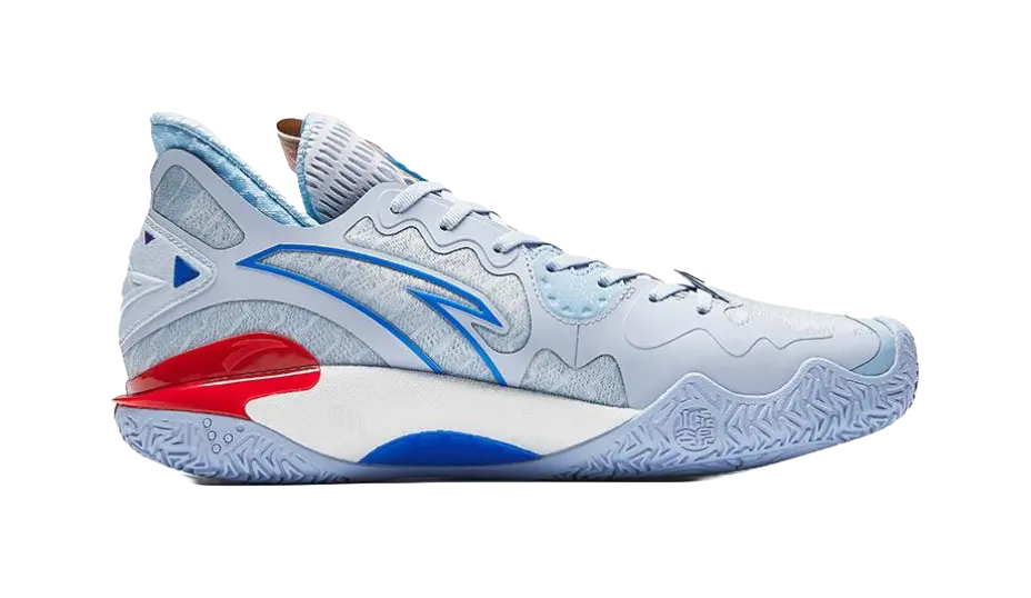 White and light blue basketball shoe with blue strap details, red heel panel, lace-up.