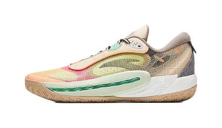 Basketball shoes, multicolor knit upper with beige overlays, green accent sole, white midsole
