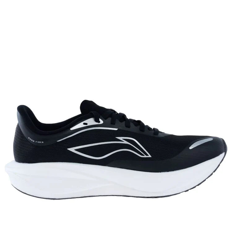 Men's black and white running shoe, side profile with logo overlays and white sole