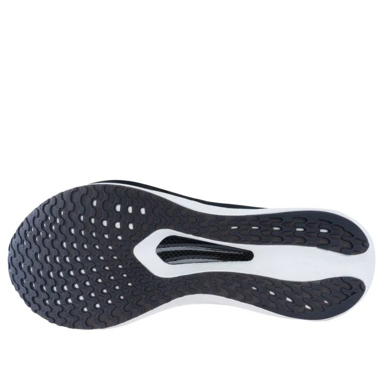Men's black and white running shoe outsole, tread pattern with curved white edge